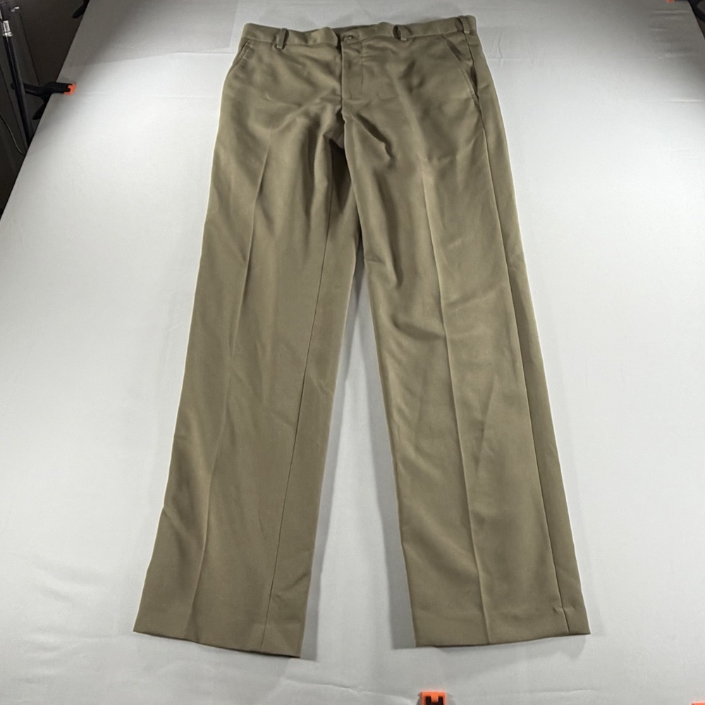 Van Heusen Traveler Pants Mens 32x32 Tan Khaki Straight Fit Dress Flat Front